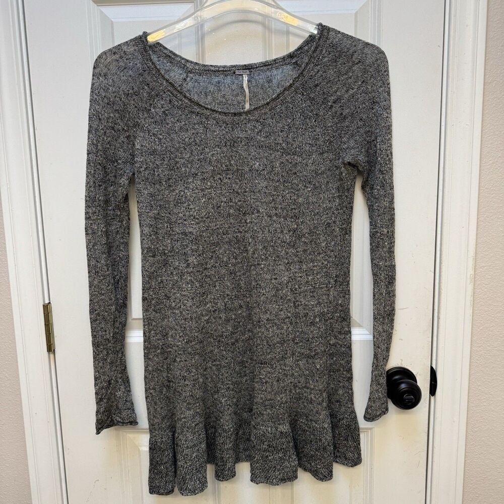 Free People 100% Linen Gray Long Sleeve Ruffle BOHO Mini Dress Womens XS Sheer